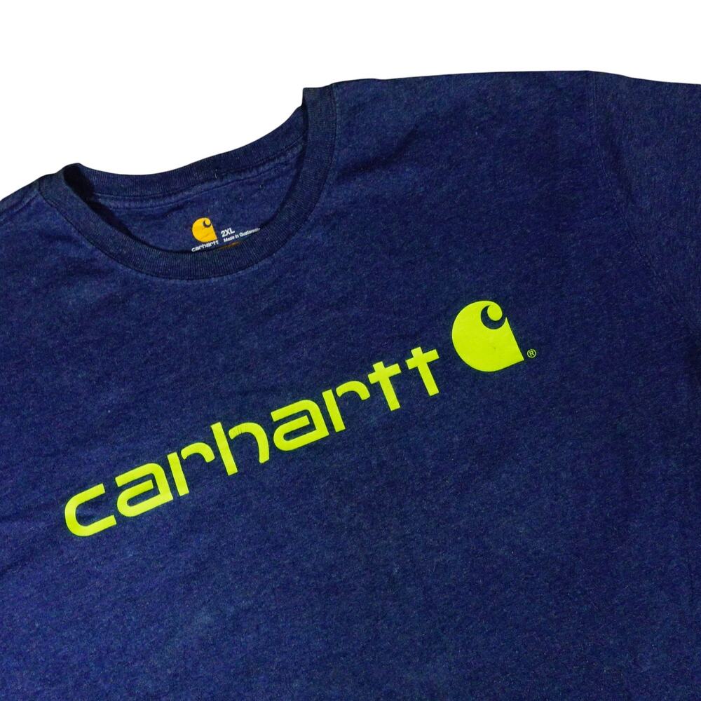 Carhartt Graphic Blue and Neon Yellow T Shirt Work Original Fit 2XL